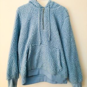 blue fuzzy sherpa hoodie with half zip